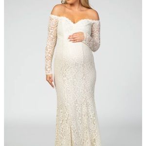 PinkBlush Beige Lace Off Shoulder Long Sleeve Maternity Maxi Dress